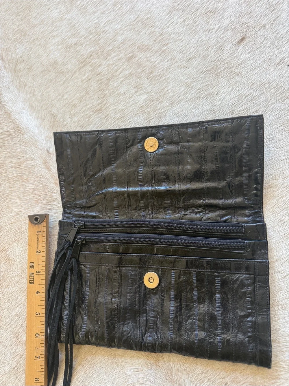 Vintage Genuine Eel Skin Black Leather Fringe Clutch Purse Korea